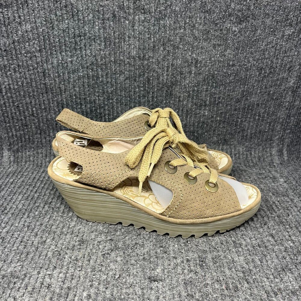 Fly‎ London Yiva Brown Perforated Leather Wedge Slingback Sandals Sz 41 / 10 US